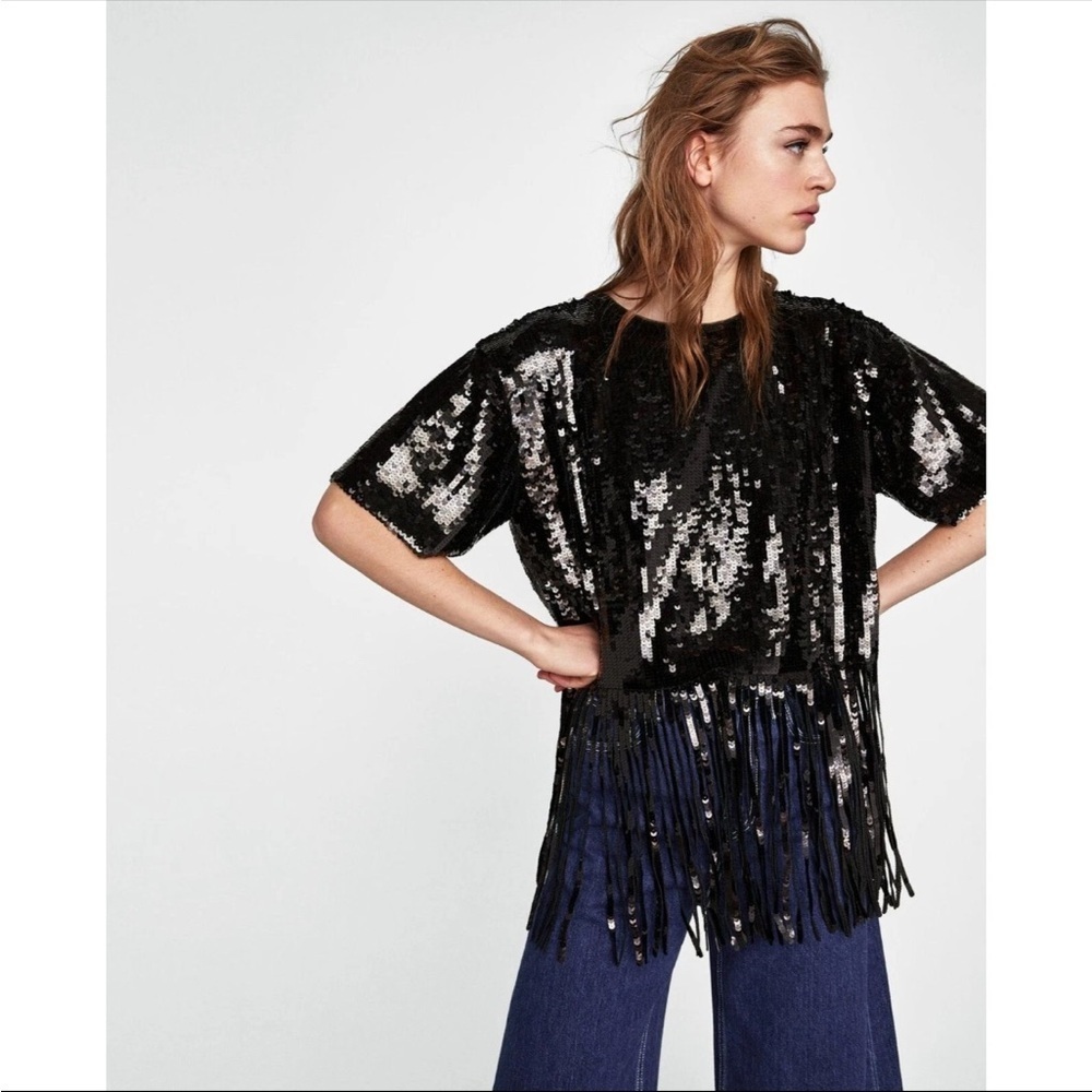 Zara Black Sequin Short Sleeve Top-Black round neck- sequin fringe hem-Size S